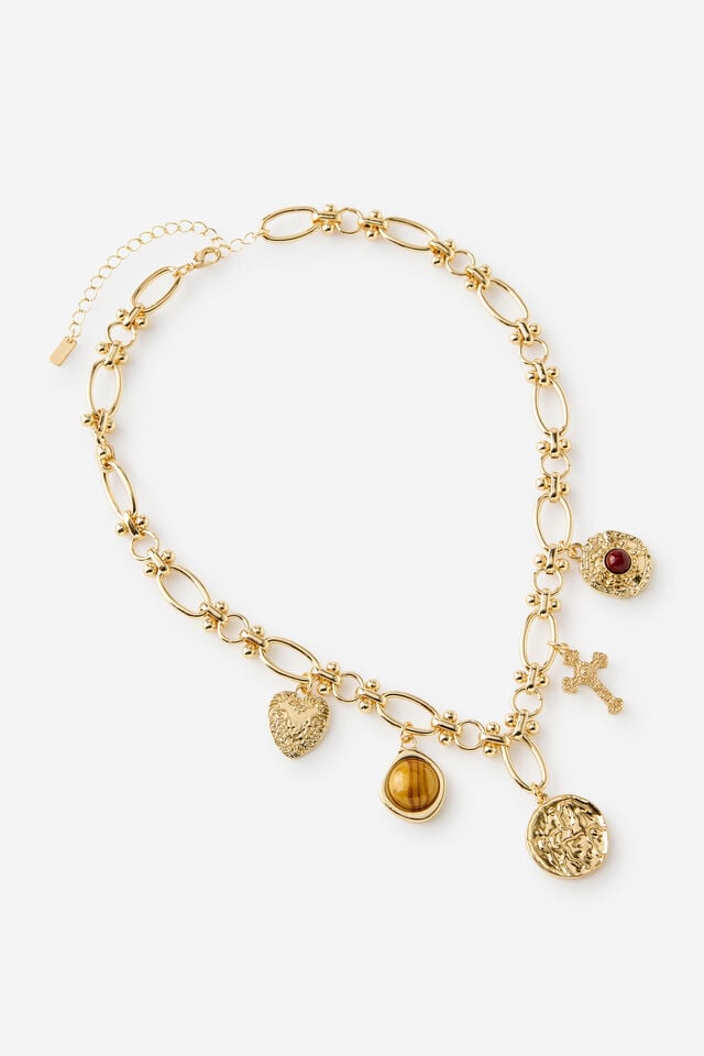 Multi Pendant Necklace, UP GOLD OVAL LINK MULTI CHARMS
