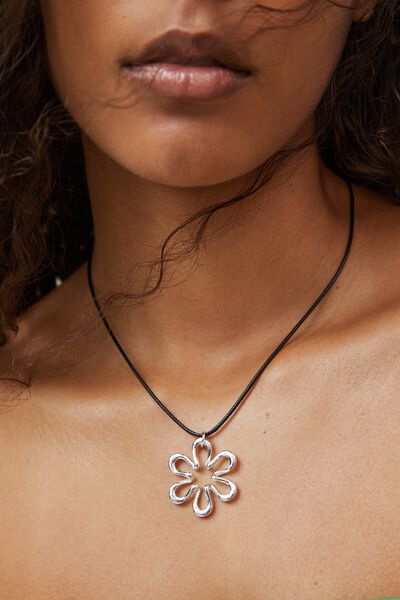 Cord Pendant Necklace, STERLING SILVER PLATED BLACK CORD FLOWER