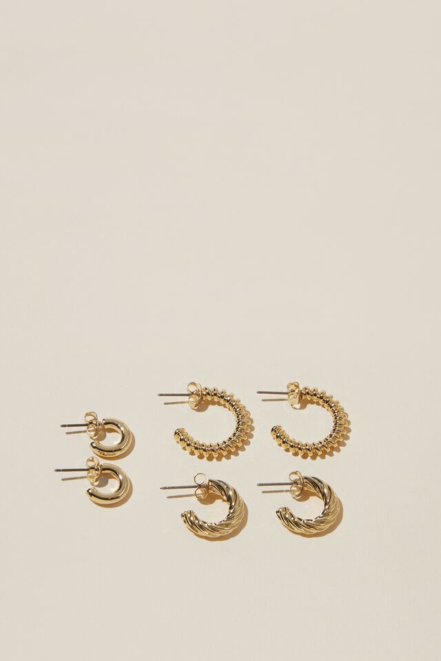 3Pk Mid Earring, GOLD PLATED TWIST