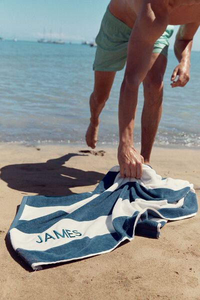 Personalised Cotton Beach Towel, OVERSIZED STRIPE NAVY WHITE