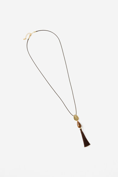 Long Tassel Necklace, GOLD CHOC STONE TASSEL