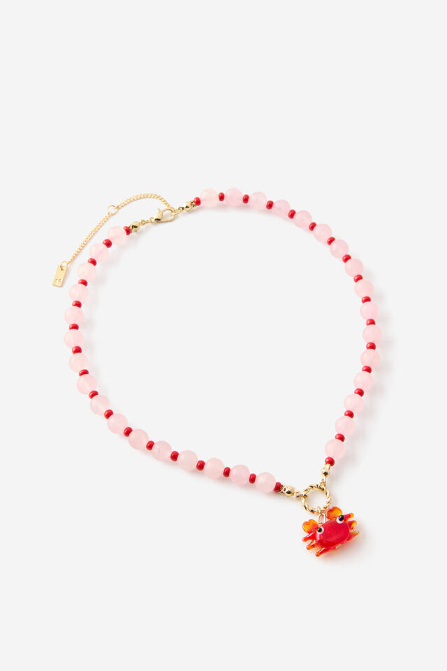 Beaded Necklace, UP GOLD PINK RED CRAB