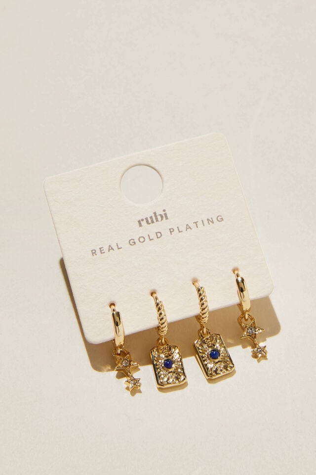 2Pk Mid Earring, GOLD PLATED SODALITE TAG & STAR