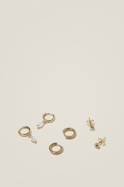 Brinco - 3Pk Small Earring, GOLD PLATED FINE PEARL DIAMANTE