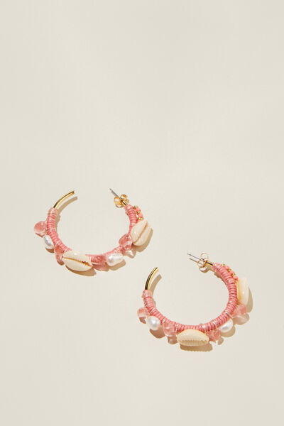 Large Hoop Earring, GOLD PLATED PINK STONE SHELL