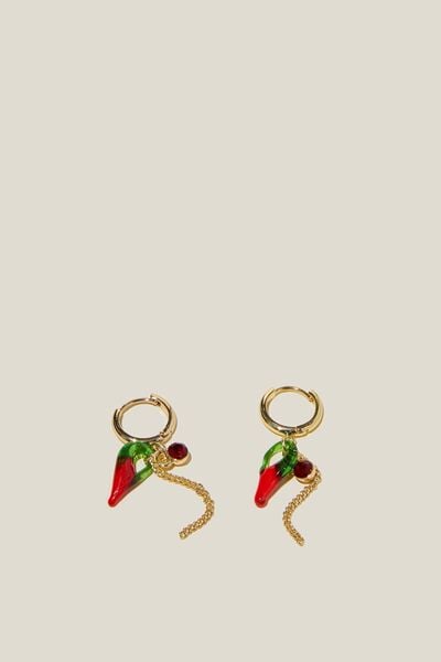 Brinco - Mid Charm Earring, GOLD PLATED GLASS CHILLI