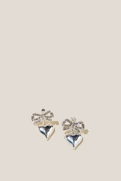 Small Charm Earring, SILVER PLATED DIA BOW HEART