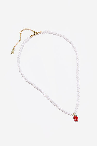 Pendant Necklace, GOLD PLATED ENAMEL STRAWBERRY PEARL