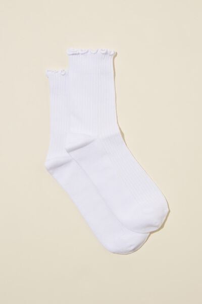 Meias - FRILL RIBBED CREW SOCK, SOLID WHITE