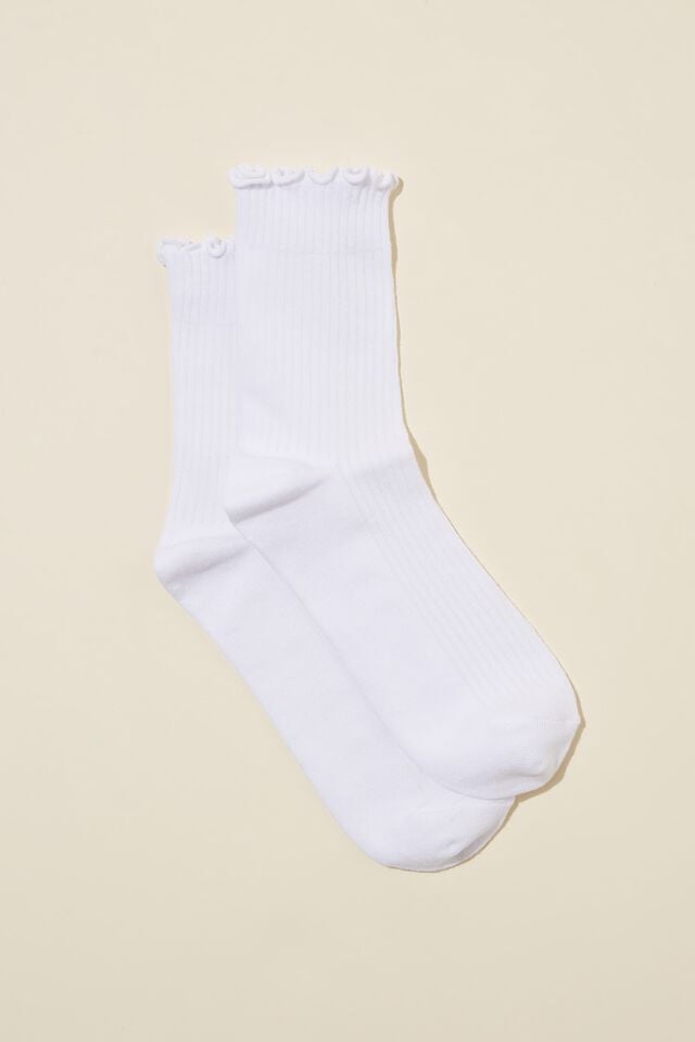 Frill Ribbed Crew Sock, SOLID WHITE
