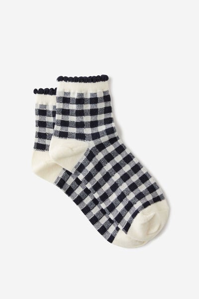 Gingham Mid Crew Sock, NAVY