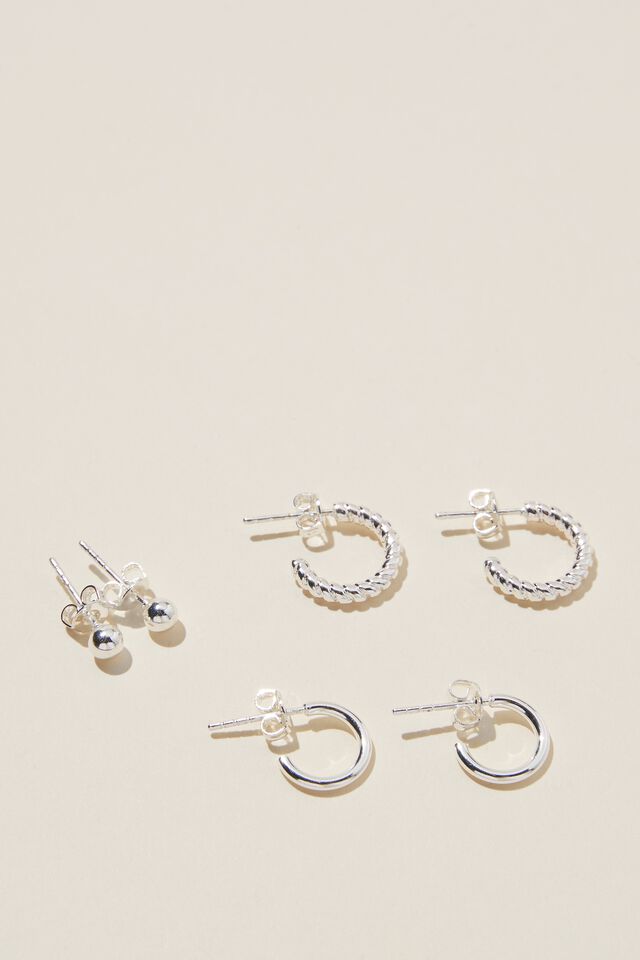Brinco - 3Pk Small Earring, STERLING SILVER PLATED TWIST