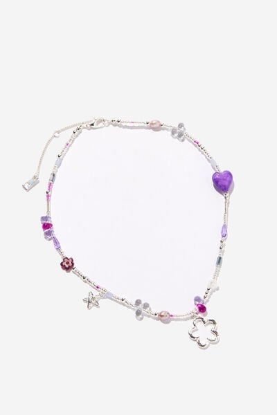 Beaded Necklace, SILVER PLATED GLASS ECLECTIC PURPLE
