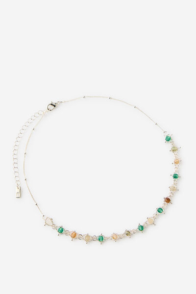 Premium Plated Mid Chain Necklace, SILVER GREEN STONES