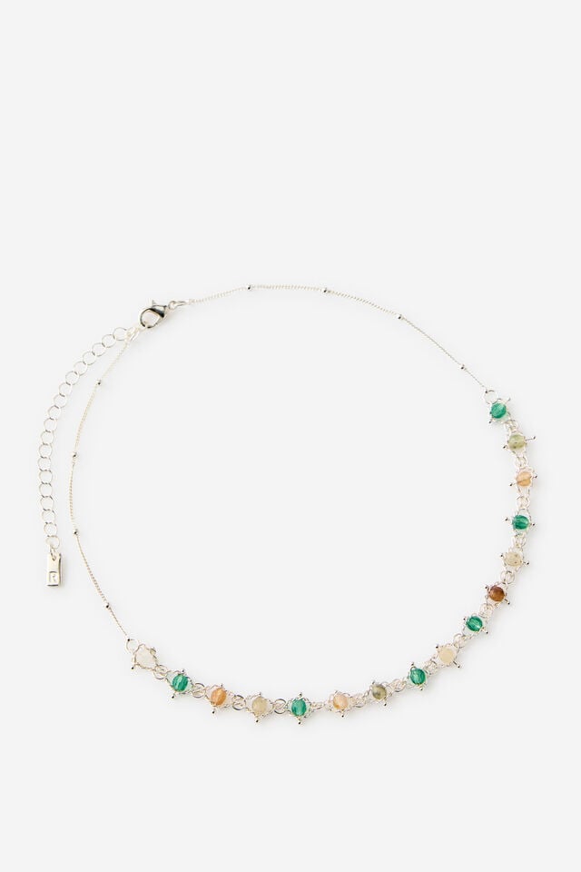Premium Plated Mid Chain Necklace, SILVER GREEN STONES