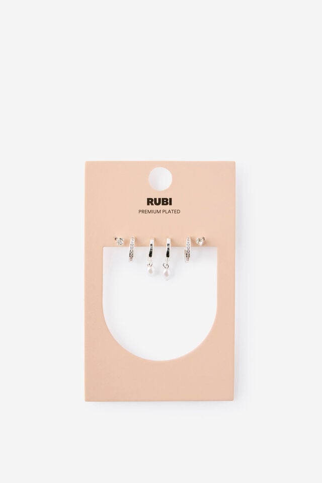 Premium Plated 3Pk Small Earring, SILVER FINE PEARL DIAMANTE