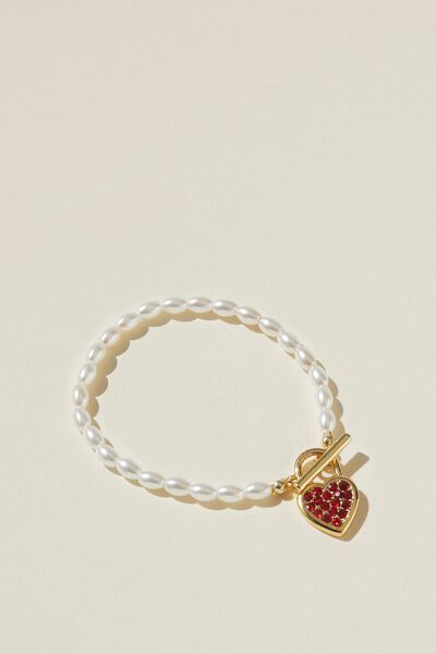 Single Beaded Bracelet, GOLD PLATED PEARL RED DIA HEART