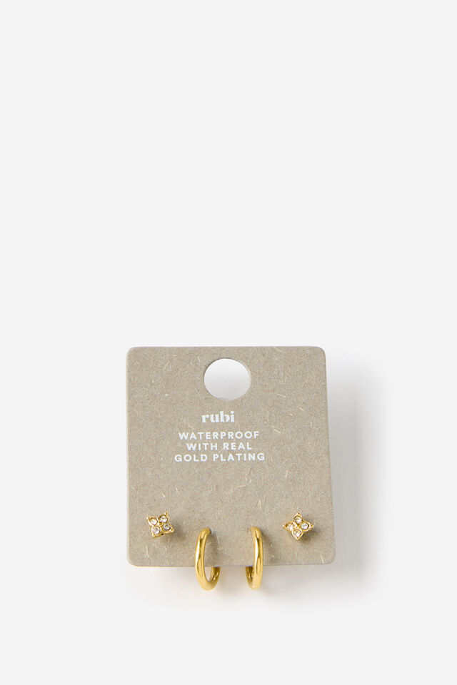 Brinco - Waterproof 2Pk Small Earring, GOLD PLATED DIA FLOWER