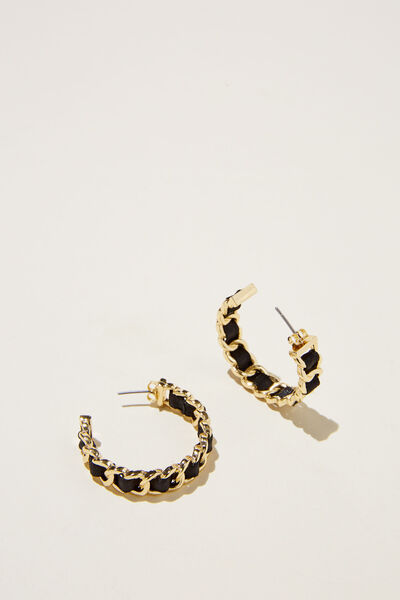 Large Hoop Earring, GOLD PLATED BLACK RIBBON WOVEN CHAIN