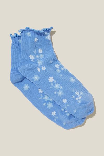 Frill Ribbed Ankle Sock, MARLO DITSY/BLUE CHALK