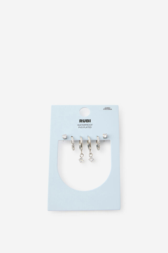 Waterproof 3Pk Small Earring, SILVER CZ DIA DROP CLUSTER