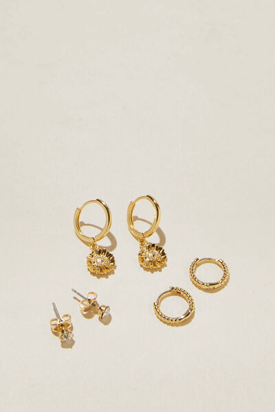 Brinco - 3Pk Small Earring, GOLD PLATED SUNFLOWER