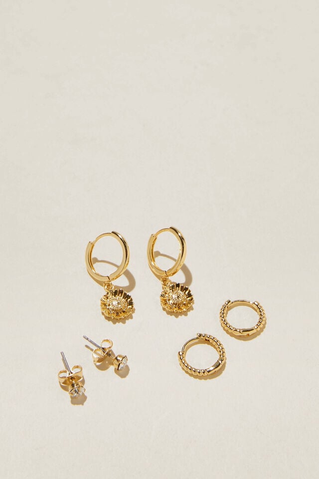 3Pk Small Earring, GOLD PLATED SUNFLOWER