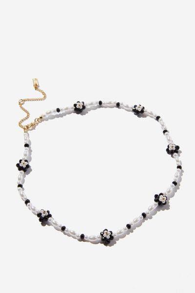 Premium Beaded Necklace Gold Plated, GOLD PLATED BLACK PEARL DAISY