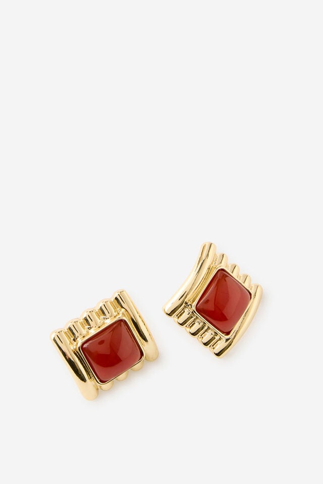 Large Charm Earring, GOLD SQUARE RIBBED BURGUNDY STONE