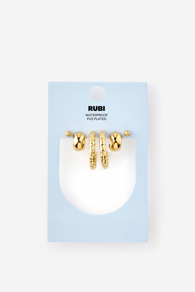 Waterproof 3Pk Mid Earring, GOLD STRIPED SMOOTH HOOPS