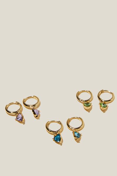 3Pk Mid Earring, GOLD PLATED DIA HEART BLUE LILAC PERIODT