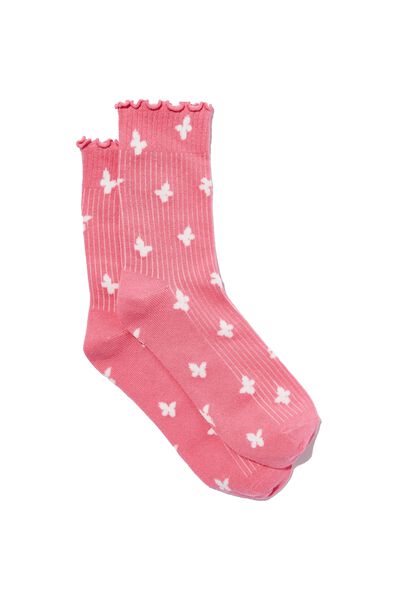 Frill Ribbed Crew Sock, RETRO PINK BUTTERFLIES