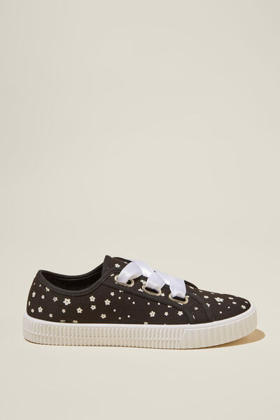 Poppy Ribbon Lace Up Plimsoll, BLACK DITSY FLORAL
