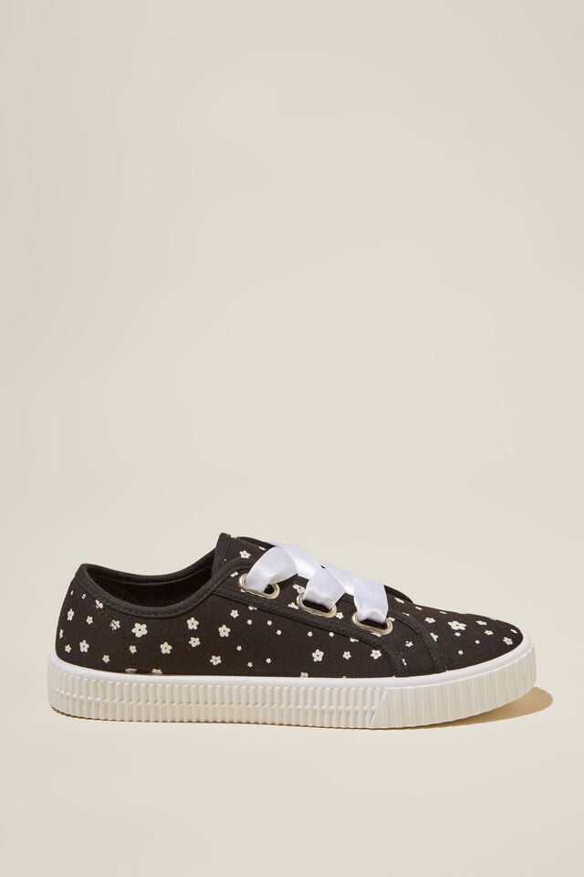 Poppy Ribbon Lace Up Plimsoll, BLACK DITSY FLORAL