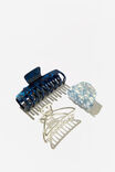 3Pk Hair Claw, BLUE MARBLE & SILVER - alternate image 2