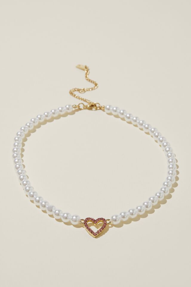 Beaded Choker Necklace, GOLD PLATED PEARL PINK DIA HEART