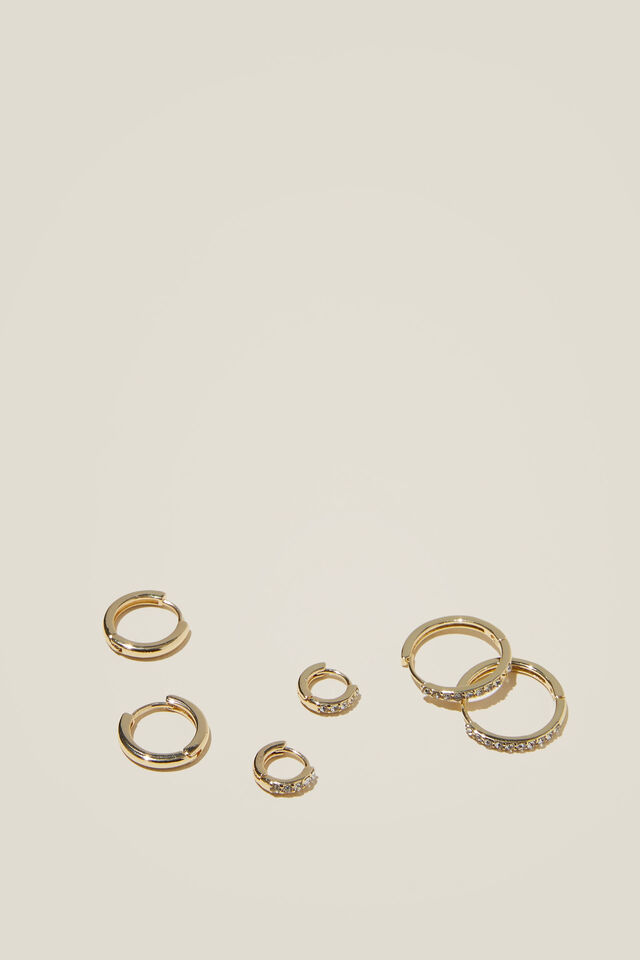 3Pk Mid Earring, GOLD PLATED FINE DIAMANTE HOOPS