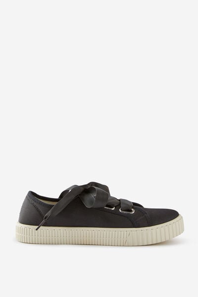 Poppy Ribbon Lace Up Plimsoll, BLACK GROSGRAIN