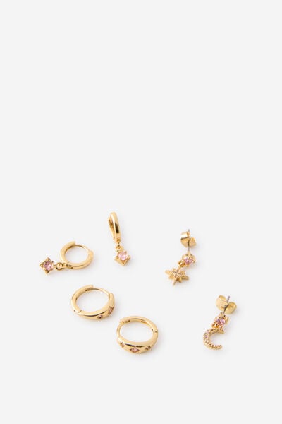 Premium Plated 3Pk Mid Earring, GOLD CELESTIAL PINK DIA
