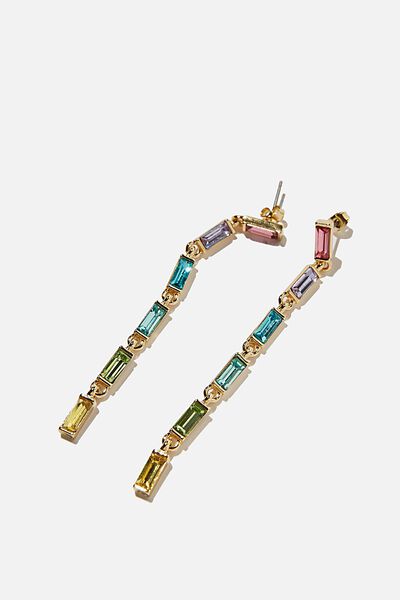 Premium Drop Earring Gold Plated, GOLD PLATED RAINBOW BAGUETTE