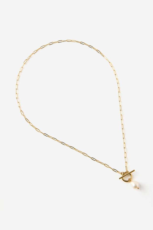 Waterproof Pendant Necklace, GOLD PEARL DROP FOB OVAL CHAIN
