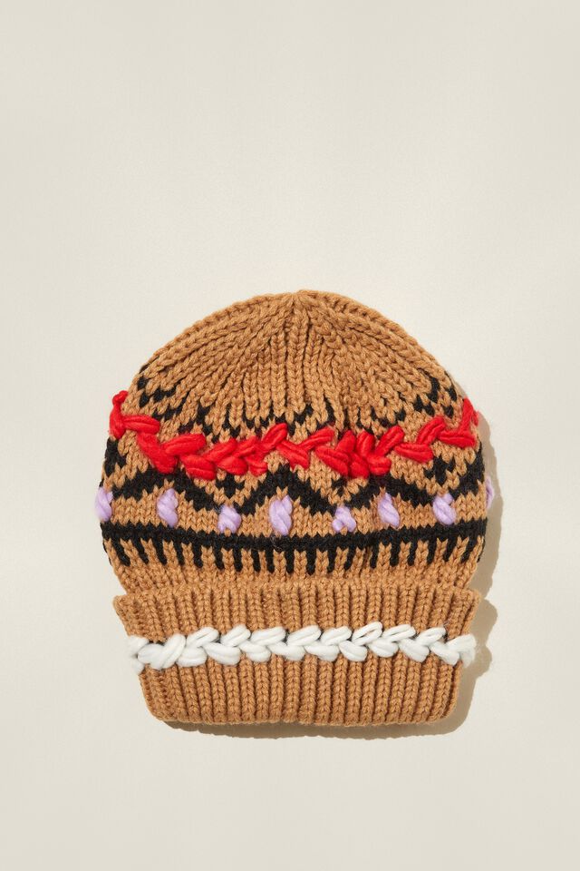 The Holiday Beanie, CAMEL/RED STITCH