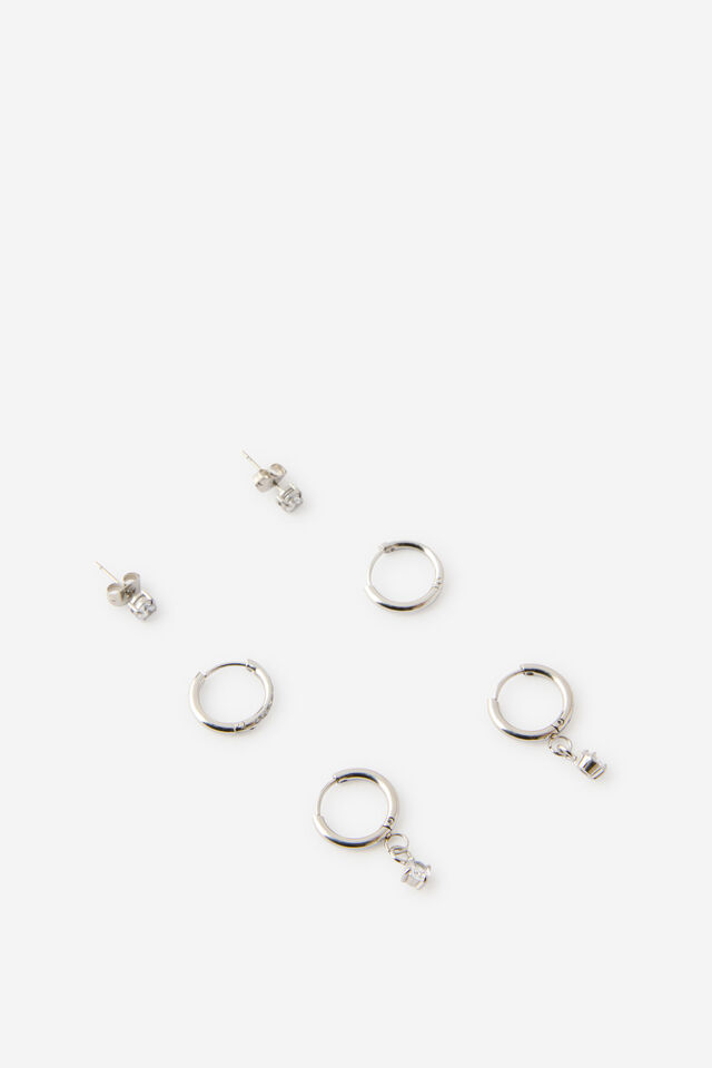 Waterproof 3Pk Small Earring, SILVER CZ DIA DROP CLUSTER