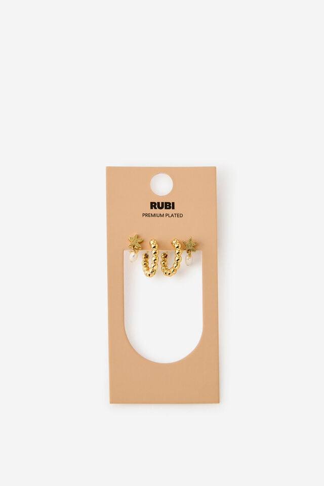 Premium Plated 2Pk Mid Earring, GOLD STARFISH PEARL DROP