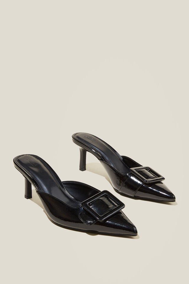 Daisy Pointed Buckle Mule, BLACK PATENT VEGAN LEATHER