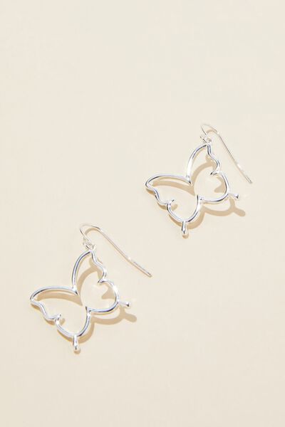 Mid Charm Earring, STERLING SILVER PLATED BUTTERFLY SILHOUETTE