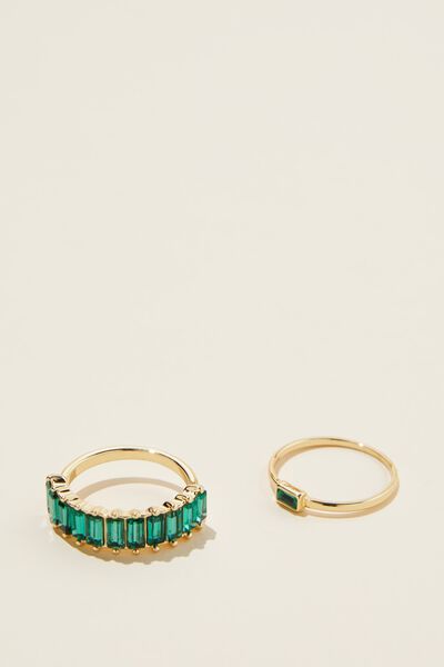 Multipack Rings, GOLD PLATED EMERALD GREEN BAGUETTE