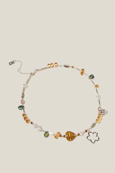 Colar - BEADED NECKLACE, SILVER PLATED GLASS ECLECTIC AMBER
