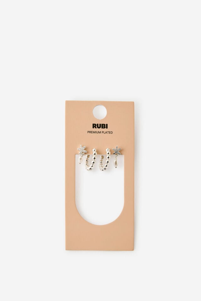 Premium Plated 2Pk Mid Earring, SILVER STARFISH PEARL DROP