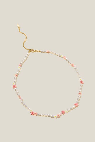 Beaded Necklace, GOLD PLATED PEARL PINK DAISY
